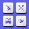 Set Fishing harpoon, Crossed oars or paddles boat, Diving mask and icon. White square button. Vector