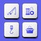 Set Fishing rod, Spinning reel for fishing, Spring scale and Case box equipment icon. White square button. Vector