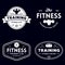 Set of fitness badges with sport equipment and people. Labels in vintage style with sport silhouette symbols