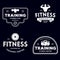 Set of fitness badges with sport equipment and people. Labels in vintage style with sport silhouette symbols