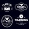 Set of fitness badges with sport equipment and people. Labels in vintage style with sport silhouette symbols