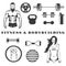 Set of fitness & bodybuilding equipment monochrome icons, design elements on white background.