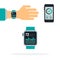 Set of fitness gadgets, bracelet on hand, smartphone with an application vector icon flat isolated.