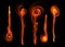 Set of five abstract red orange smoke fire brushes flowers over black background