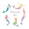 Set of five beautiful different color mermaids. vector illustration
