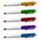 Set of five colored ballpoint pens with buttons and metal clips