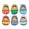 Set five colorful Russian matryoshka dolls, traditional wooden nesting dolls decorated folk