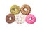 Set of five donuts on white background