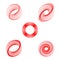 A set of five helical elements, vector whirls round shape red color. The swirl symbol