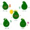 A set of five Kawaii cute avocado fruit in cartoon style. In glasses with ice cream, with a balloon, with a lollipop, with juice,