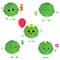 A set of five Kawaii cute cabbage vegetable in cartoon style. In glasses with ice cream, with a balloon, with a lollipop