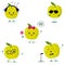 A set of five Kawaii cute green apple fruit in a cartoon style. In headphones, in sunglasses, dancing in glasses , with a flower,