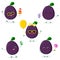 A set of five Kawaii cute plum purple fruit in cartoon style. In glasses with ice cream, with a balloon, with a lollipop, with