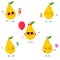 A set of five Kawaii cute yellow pear fruit in cartoon style. In glasses with ice cream, with a balloon, with a lollipop, with