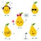A set of five Kawaii cute yellow pear fruit in a cartoon style. In headphones, in sunglasses, dancing in glasses , with a flower,