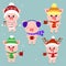 A set of five-pigs in different hats and a scarf with cups of different hot drinks. Happy New Year and Merry Christmas. The symbol