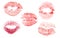 Set of five red lips imprint isolated on white