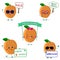 A set of five ripe apricot Smiley in cartoon style. With different plates and glasses. Logo, template, design. Flat
