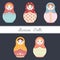 Set of five simple colorful Russian dolls on dark background - flat style vector illustration