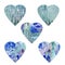 Set of five turquoise textured hearts. Cold, winter, ice texture. Elements are isolated on a white background.