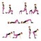 Set of five vector illustrations of glute exercises and workouts.