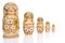 Set of five wooden matryoshka dolls standing in a row, from large to small on a white background
