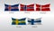 Set Flags of European countries. Waving flag of Iceland, Norway,Denmark, Sweden, Finland . Vector illustration