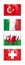 Set of flags of Turkey, Italy, Wales and Switzerland. Business, travel, international relations concept. Vector