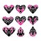 Set of flame hearts icons, black and magenta pink color silhouette isolated on white background. Vintage y2k, 90s tattoo