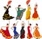 Set of flamenco dancers in colorful traditional spanish dresses
