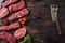 Set of flap flank Steak, machete steak or skirt cut, Top blade or flat iron beef and tri tip, triangle roast with denver cut with