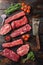 Set of flap flank Steak, machete steak or skirt cut, Top blade or flat iron beef and tri tip, triangle roast with denver cut with