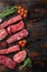 Set of flap flank Steak, machete steak or skirt cut, Top blade or flat iron beef and tri tip, triangle roast with denver cut top