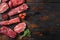 Set of  flap flank Steak, machete steak or skirt cut, Top blade or flat iron beef and tri tip, triangle roast with denver cut top