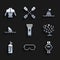 Set Flashlight, Diving mask, watch, Coral, Aqualung, Shark fin ocean wave, Floating buoy on the sea and Wetsuit icon