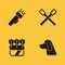 Set Flashlight, Hunting dog, Quiver with arrows and Burning match fire icon with long shadow. Vector