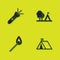 Set Flashlight, Tourist tent with flag, Burning match fire and icon. Vector