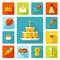 Set of flat birthday party icons. Holiday, wedding, jubilee, celebrating of event.