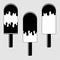 A set of flat black isolated silhouettes of ice-cream drizzled with glaze. On wooden sticks. On a transparent background. Drawing