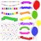 Set of flat colored insulated garlands, confetti, ribbons of banners and balloons on ropes on a white background. Suitable for