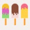 Set of flat colored insulated Popsicle drizzled with glaze. On wooden sticks. On a white background