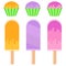 Set of flat colored insulated Popsicle drizzled with icing cakes and muffins in baskets. On a white background