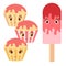Set of flat colored isolated cartoon cake drenched with frosting is pink. The striped baskets. Pink Popsicle on a wooden stick