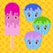 Set of flat colored isolated cartoon cakes drizzled with glaze blue, green, purple. The striped baskets. Pink Popsicle on a wooden