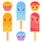 Set of flat colored isolated cartoon cakes drizzled a glaze of orange, red, blue. The striped baskets. Set of cute ice-cream on a