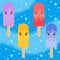 Set of flat colored isolated cartoon ice-cream, drizzled with glaze blue, purple, yellow, pink. On wooden sticks. Abstract frosty