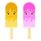 Set of flat colored isolated cartoon ice-cream, drizzled with yellow icing and pink color. On wooden sticks. On a white background