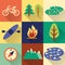 Set of flat colorful hiking, trekking and camping icons.