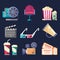 Set of flat colorful icons and elements with Cinema Movie film media industry