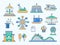 Set of flat design amusement park line icons